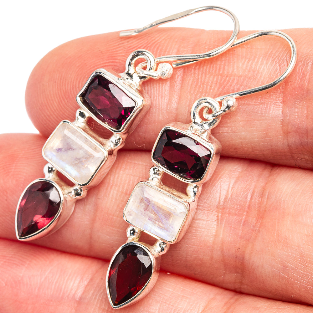 Rainbow Moonstone, Garnet Earrings 1 5/8" (925 Sterling Silver) E432553