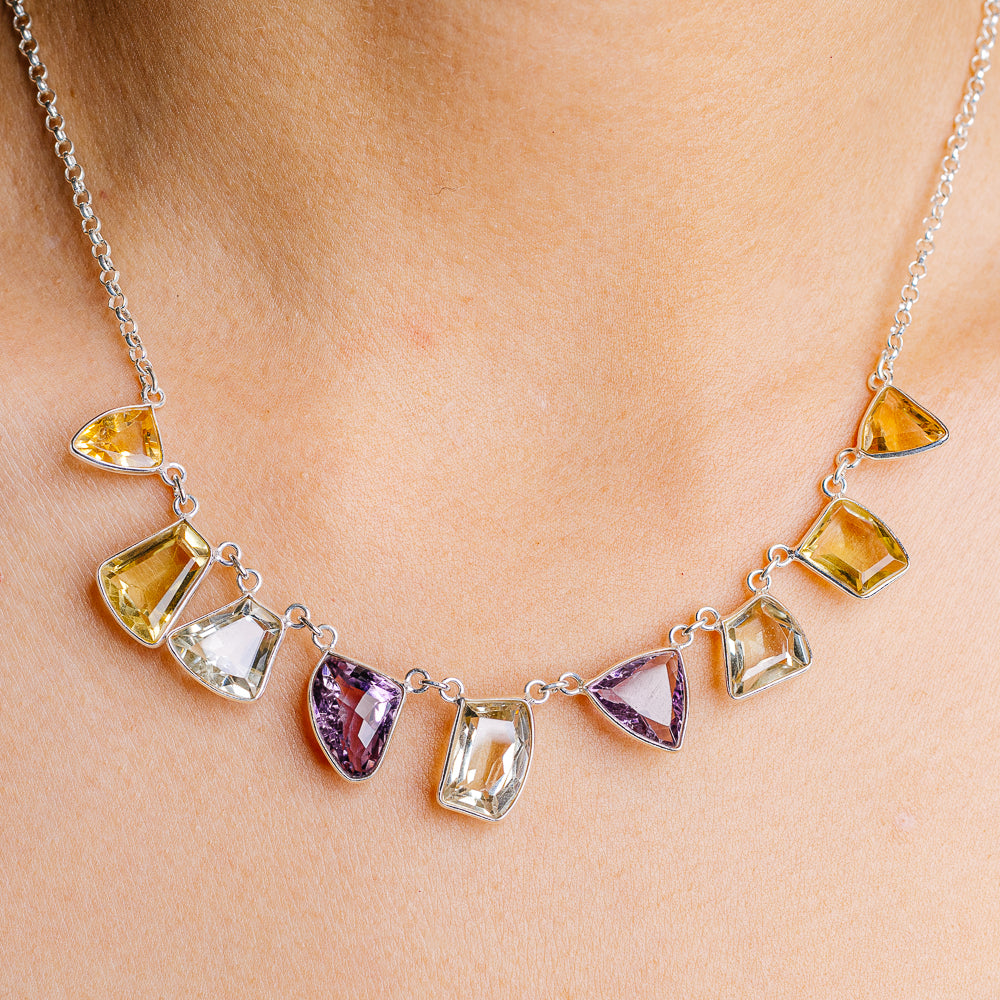 Amethyst, Green Amethyst, Lemon Quartz Necklace 16 to 18" (.925 Sterling Silver)