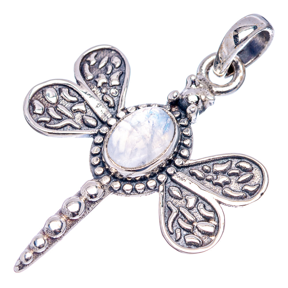 Rainbow Moonstone Dragonfly Pendant 1 3/8" (.925 Sterling Silver)