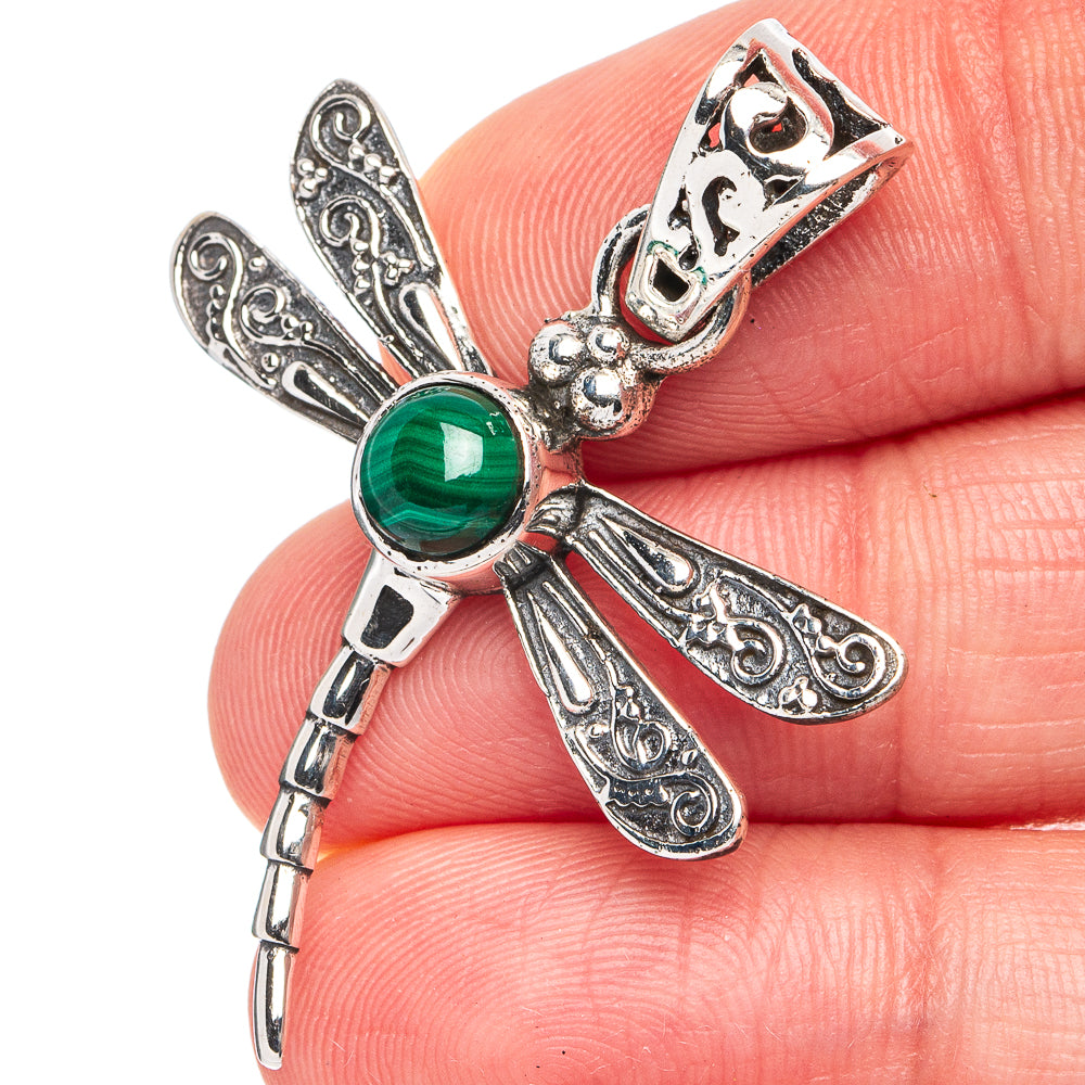 Dainty Malachite Dragonfly Pendant 1 5/8" (925 Sterling Silver) P45562