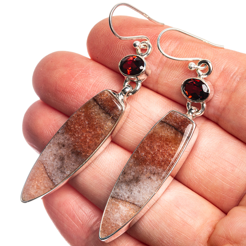 Sunstone, Garnet 925 Sterling Silver Earrings 2 3/8"