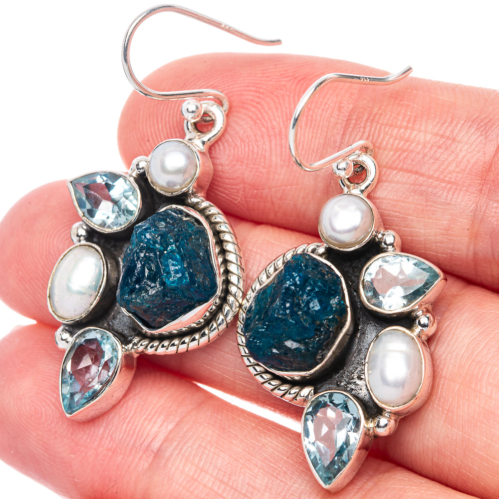 Premium Rough Apatite, Blue Topaz, Cultured Pearl 925 Sterling Silver Earrings 1 5/8" (925 Sterling Silver) E1206