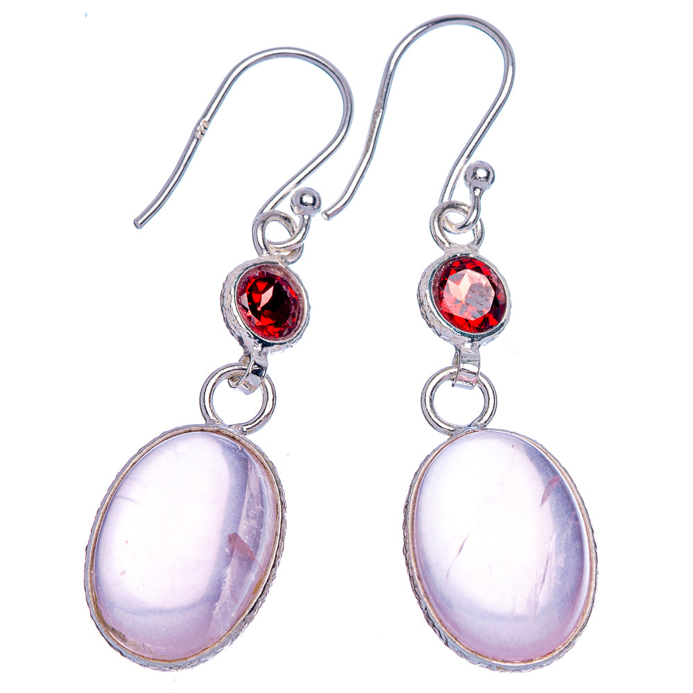 Rose Quartz, Garnet Earrings 1 5/8" (925 Sterling Silver) E433274