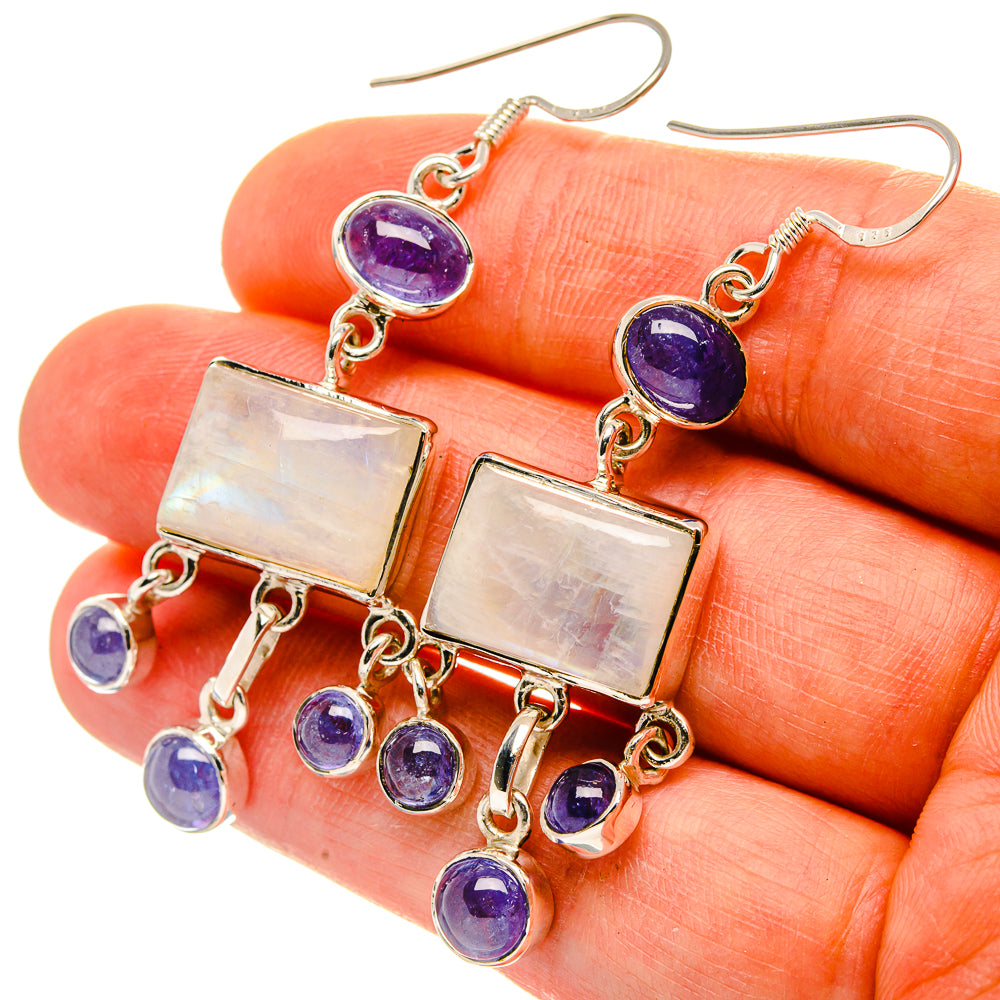Signature Rainbow Moonstone, Tanzanite Earrings 2 1/4" (925 Sterling Silver) EARR431978