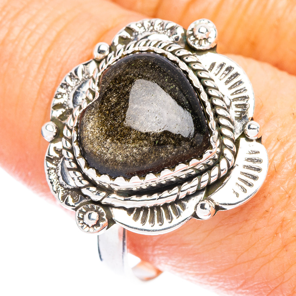 Gold Sheen Obsidian Heart Ring Size 10 (925 Sterling Silver) R147011