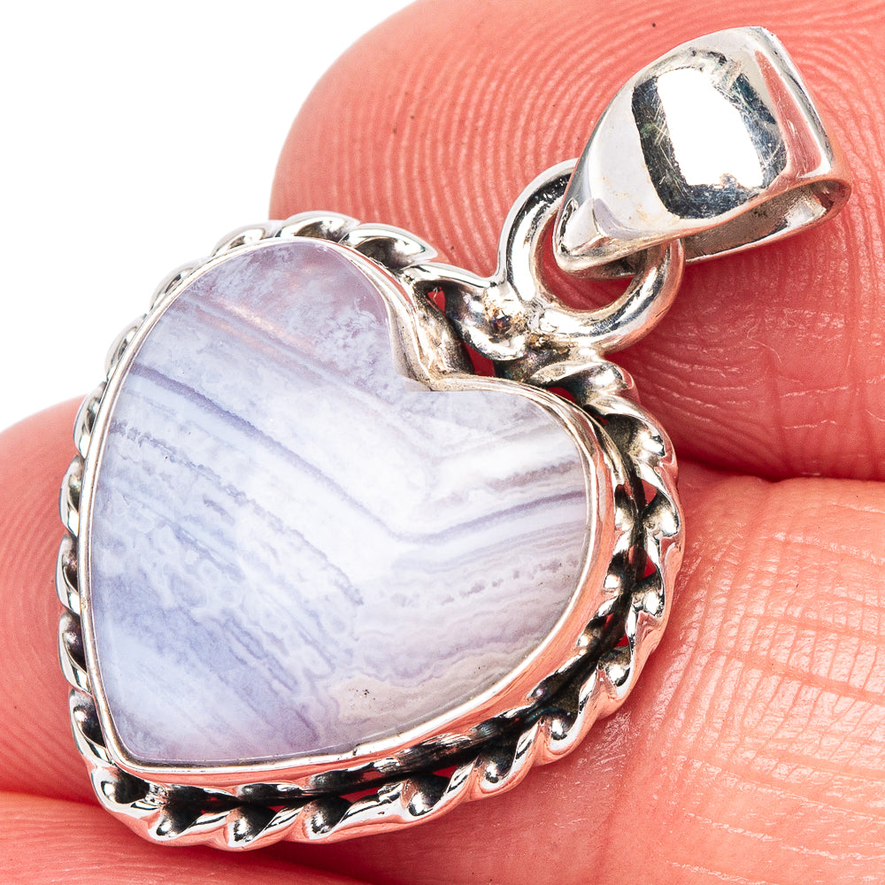 Blue Lace Agate Heart Pendant 1 1/8" (925 Sterling Silver) P42433