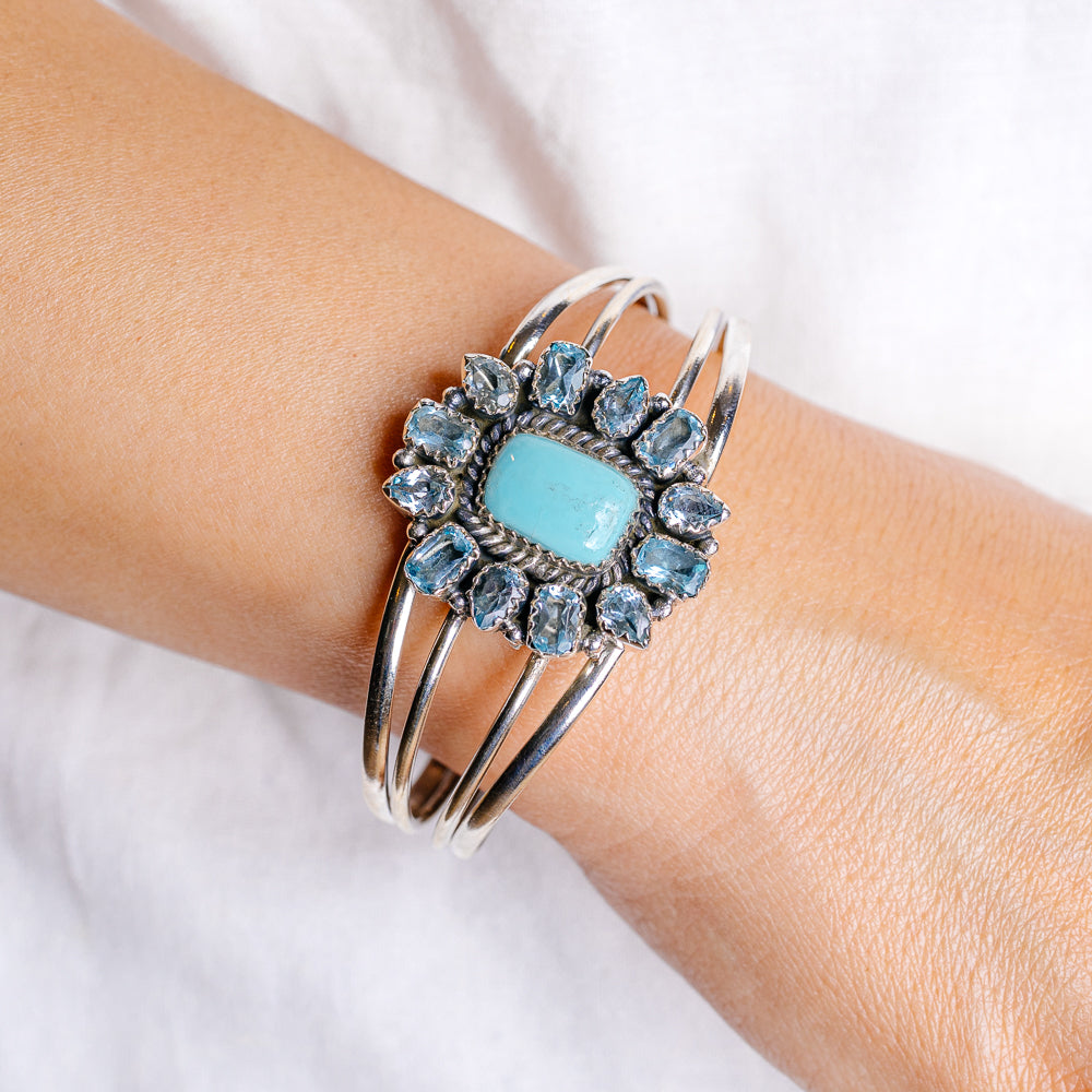 Exclusive Native Style Kingman Turquoise Cuff Bracelet Adjustable (.925 Sterling Silver)