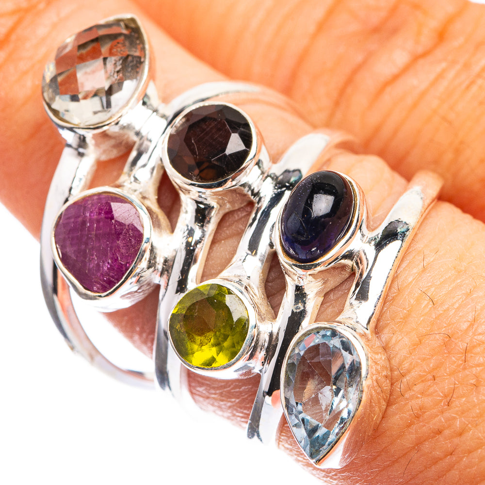 Large White Quartz, Ruby, Smoky Quartz, Peridot, Black Onyx, Blue Topaz Ring Size 7.75 (925 Sterling Silver) R143218