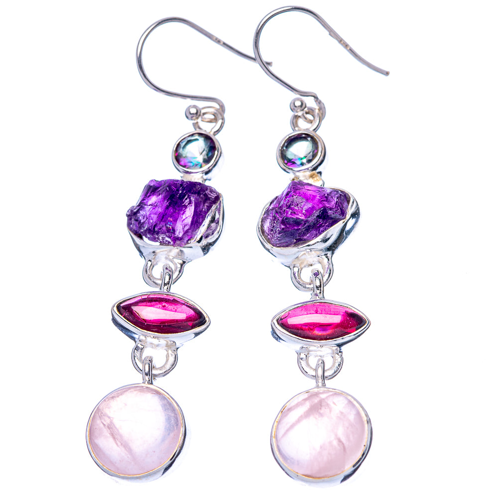 Premium Rose Quartz, Garnet, Amethyst, Mystic Topaz Earrings 2 1/4" (925 Sterling Silver) E1673