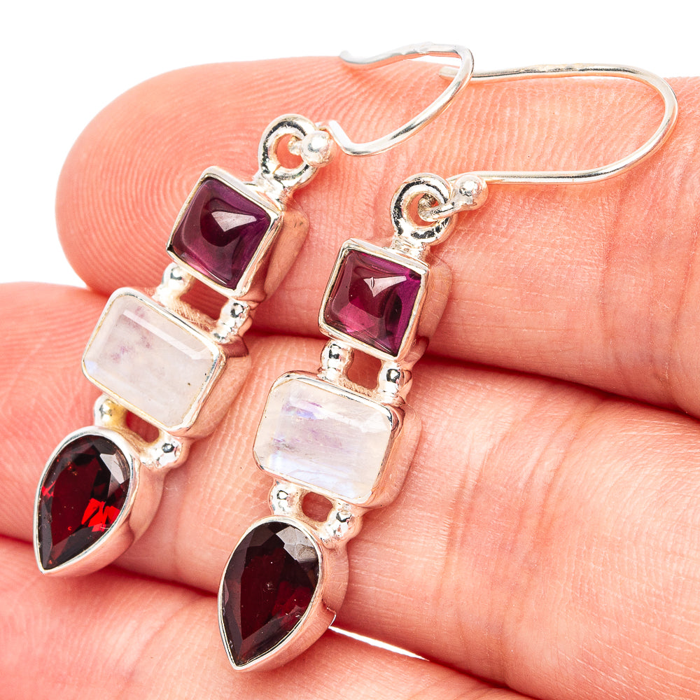 Rainbow Moonstone, Garnet 925 Sterling Silver Earrings 1 5/8" (925 Sterling Silver) E2223