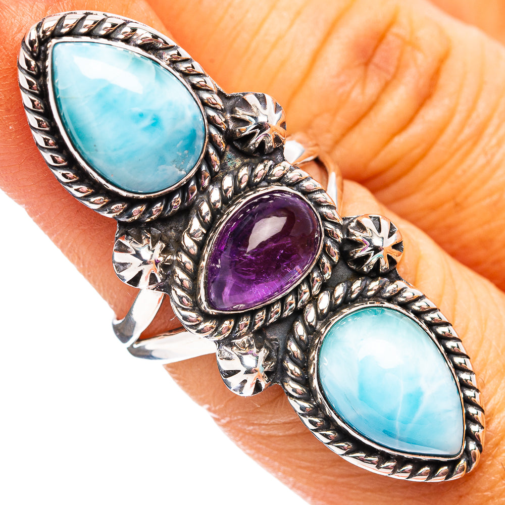 Premium Larimar, Amethyst Ring Size 6.25 (.925 Sterling Silver)