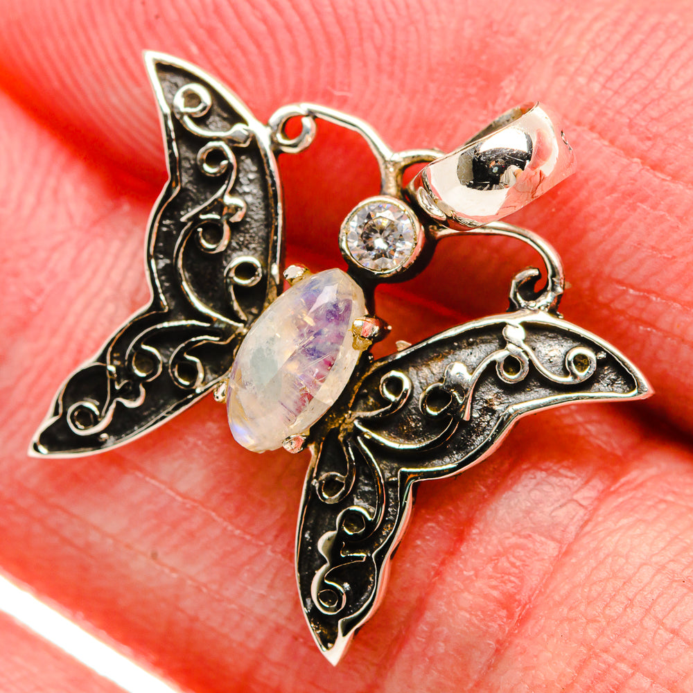 Rainbow Moonstone, White Quartz Butterfly Dainty Pendant 7/8" (925 Sterling Silver) PD37819
