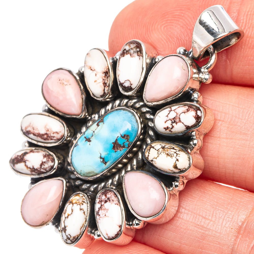 Rare Golden Hills Turquoise, Pink Opal, Wild Horse Jasper Native Style Pendant 1 7/8" (.925 Sterling Silver)