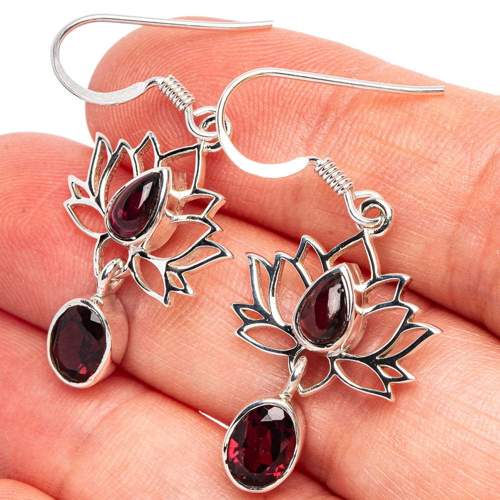 Garnet Lotus 925 Sterling Silver Premium Earrings 1 1/2" (925 Sterling Silver) E2243