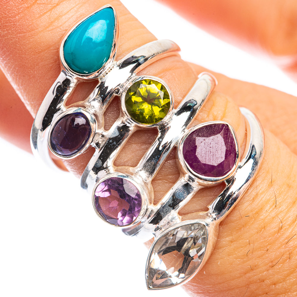 Large Sleeping Beauty Turquoise, Peridot, Tanzanite, Amethyst, Ruby, White Quartz Ring Size 6.75 (925 Sterling Silver) RING143325