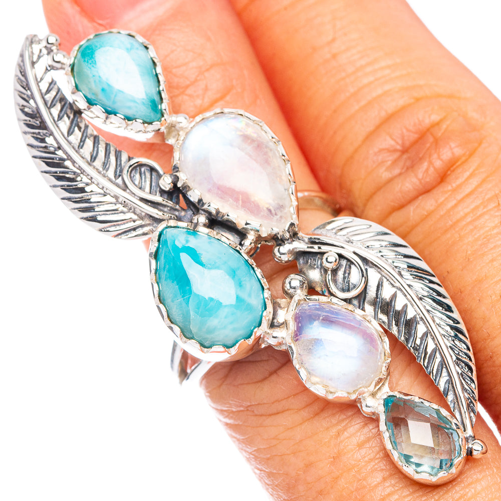 Signature Rainbow Moonstone, Larimar Ring Size 8 (925 Sterling Silver) R7595