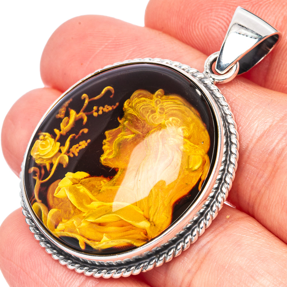 Amber Intaglio Lady Pendant 1 3/4" (925 Sterling Silver) P42581