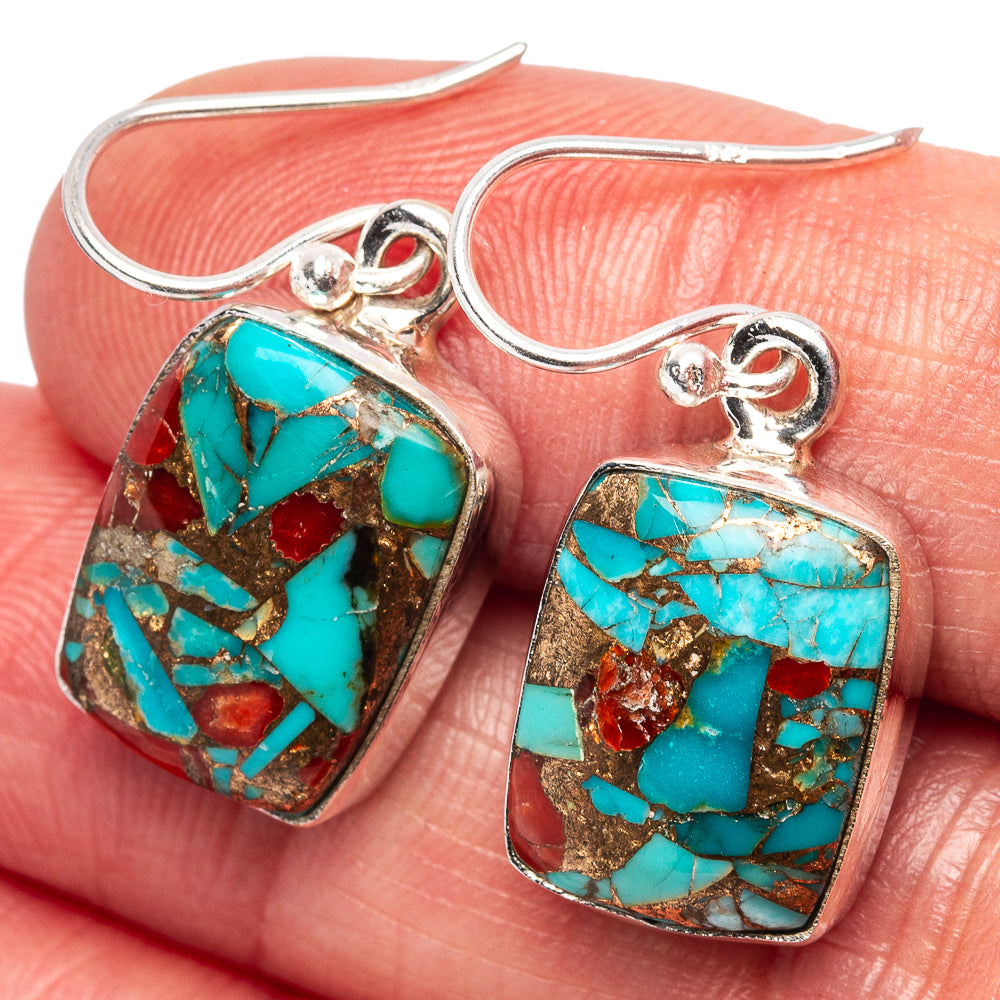 Coral Turquoise Matrix Earrings 1 1/8" (.925 Sterling Silver)