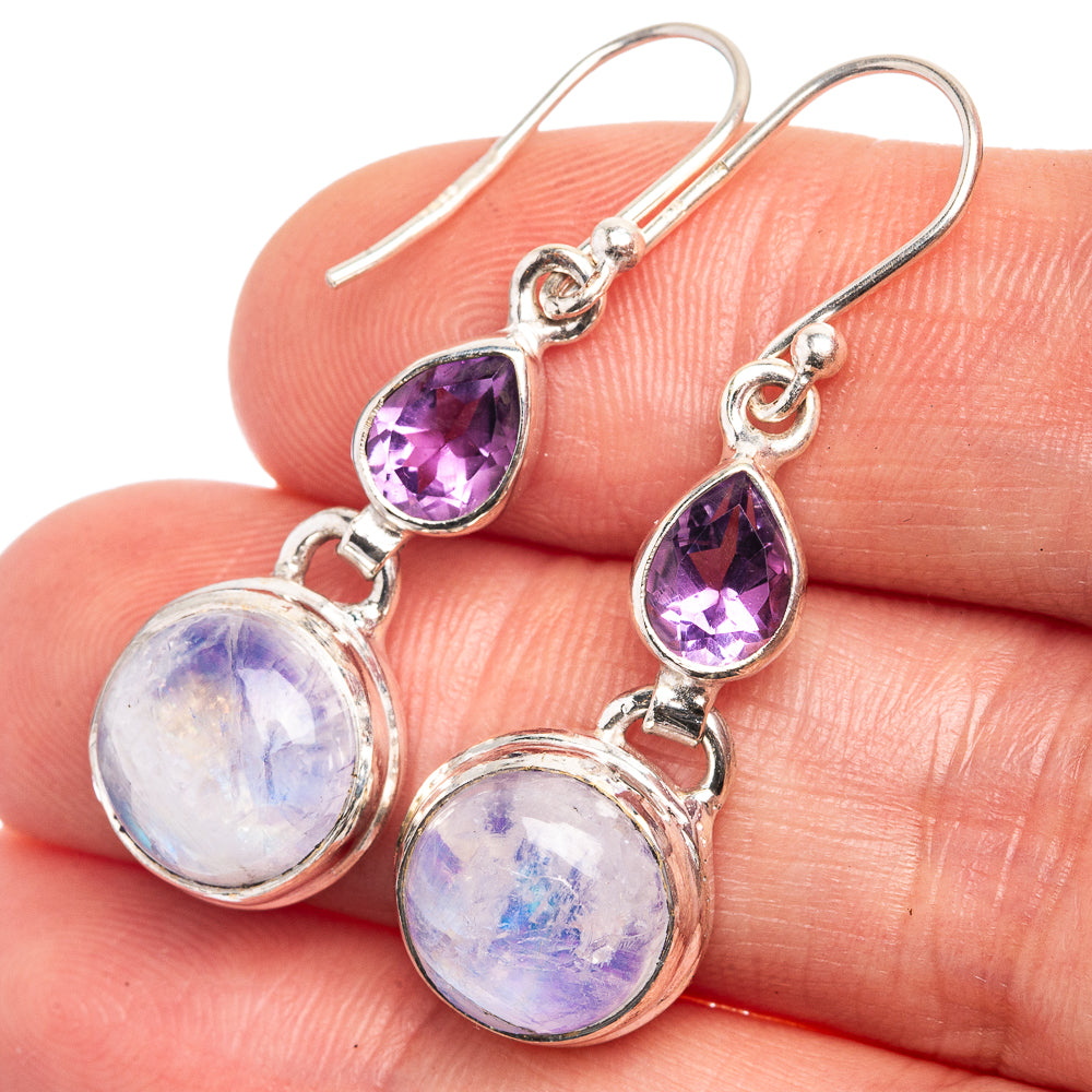 Rainbow Moonstone, Amethyst Earrings 1 1/2" (925 Sterling Silver) E432557