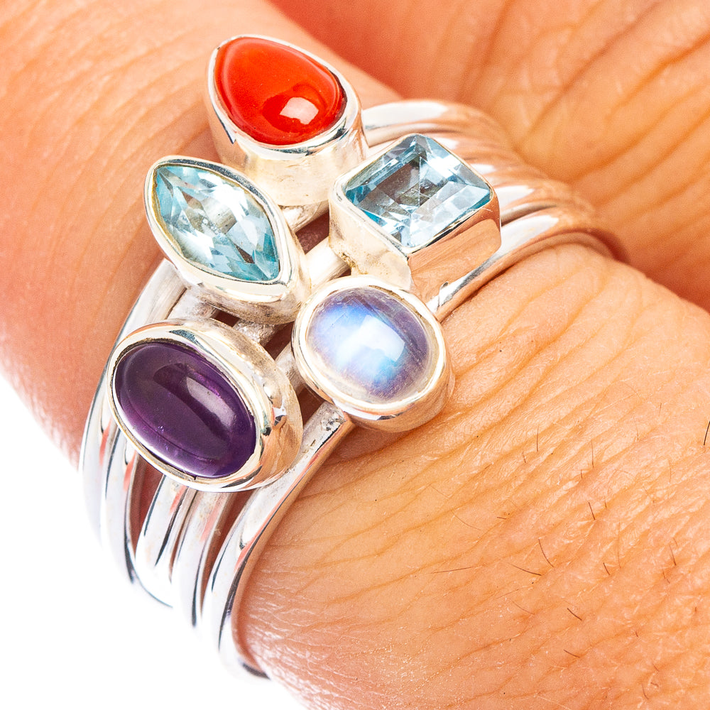 Rainbow Moonstone, Amethyst, Blue Topaz, Red Coral Ring Size 7 (925 Sterling Silver) R7462