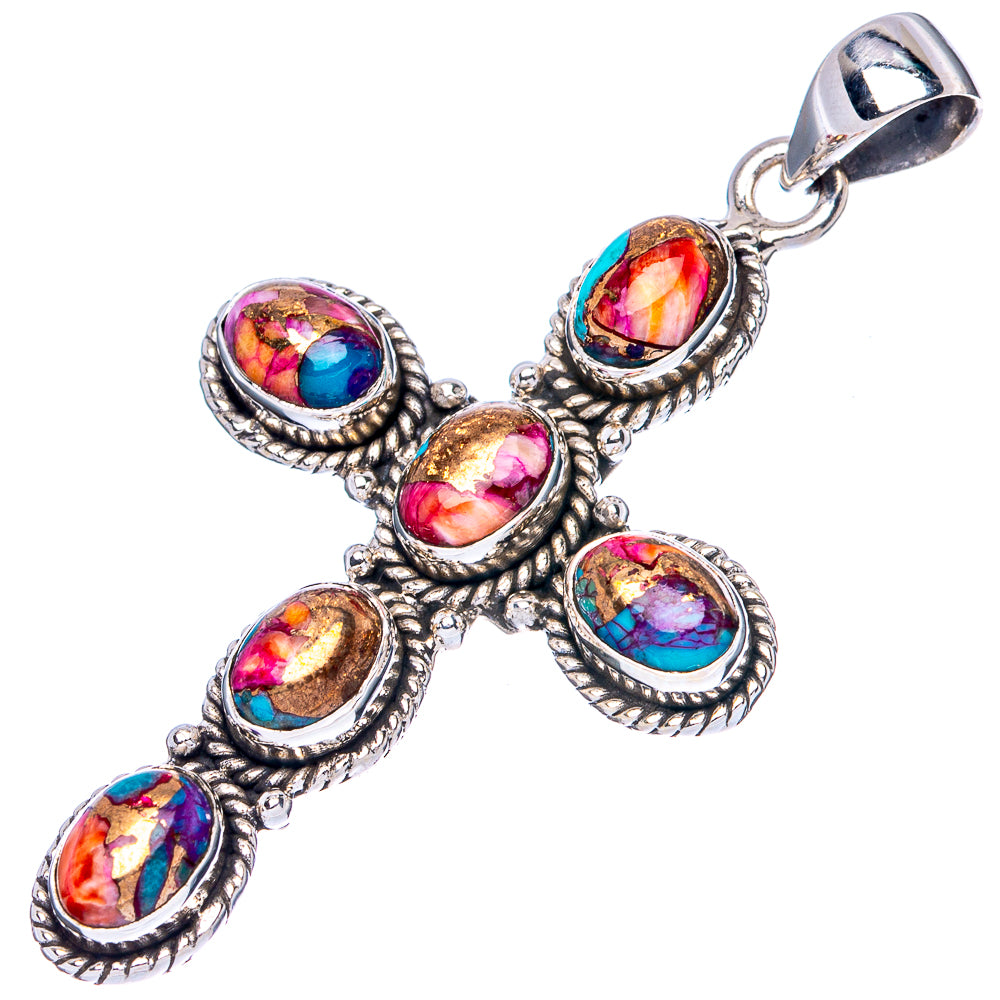 Spiny Oyster Turquoise Cross Pendant 2" (925 Sterling Silver) P43069