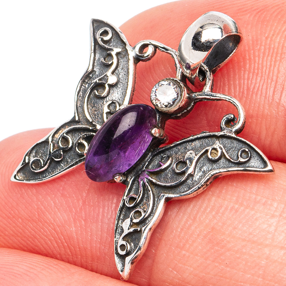 Dainty Amethyst, White Quartz Butterfly Pendant 7/8" (925 Sterling Silver) P45286