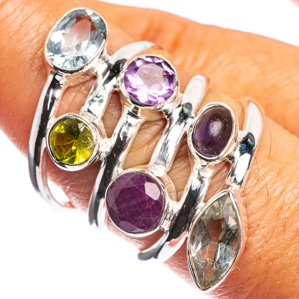 Large Blue Topaz, Peridot, Amethyst, Ruby, Tanzanite, White Quartz 925 Sterling Silver Ring Size 7.75