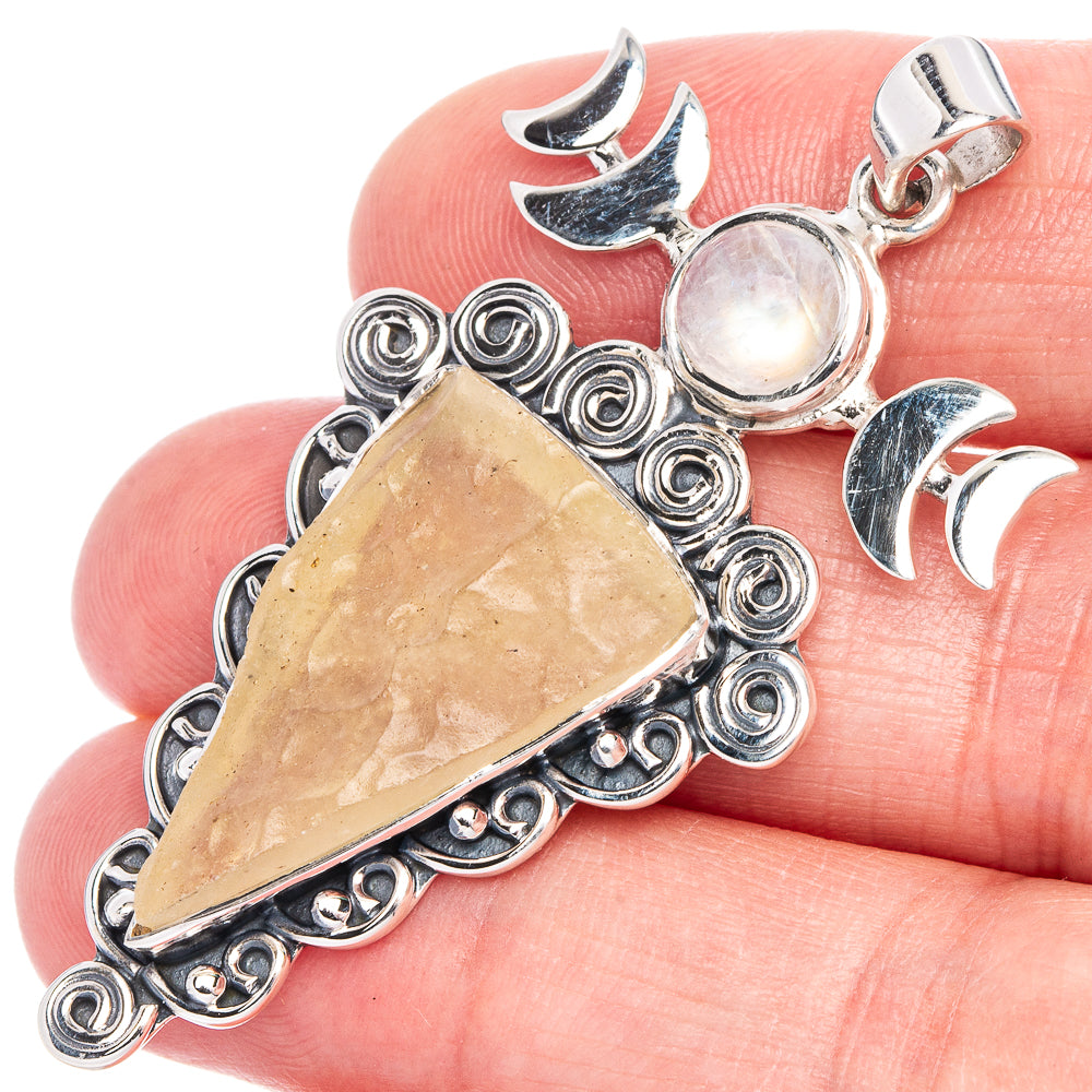 Signature Rough Libyan Desert Glass, Rainbow Moonstone Pendant 2 1/8" (925 Sterling Silver) P41177