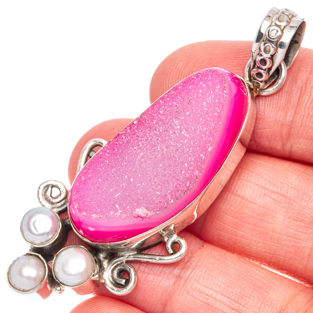 Pink Druzy, Cultured Pearl Pendant 2 3/8" (925 Sterling Silver) P40034