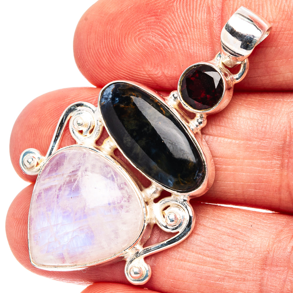 Premium Pietersite, Rainbow Moonstone, Garnet Pendant 1 3/4" (.925 Sterling Silver)