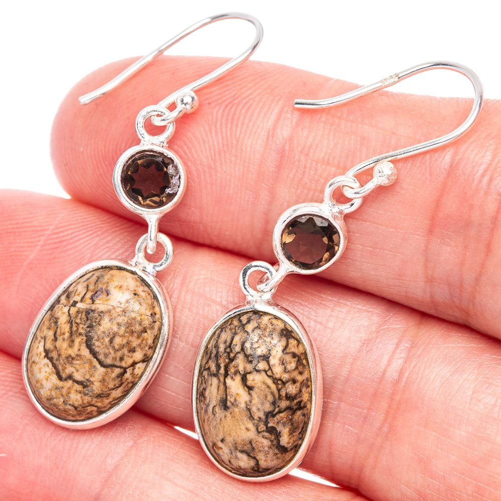 Picture Jasper, Smoky Quartz Earrings 1 5/8" (925 Sterling Silver) E433481