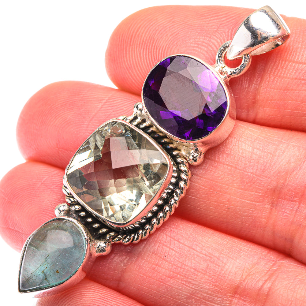 Green Amethyst, Amethyst, Blue Fluorite Pendant 2" (925 Sterling Silver) PD38502