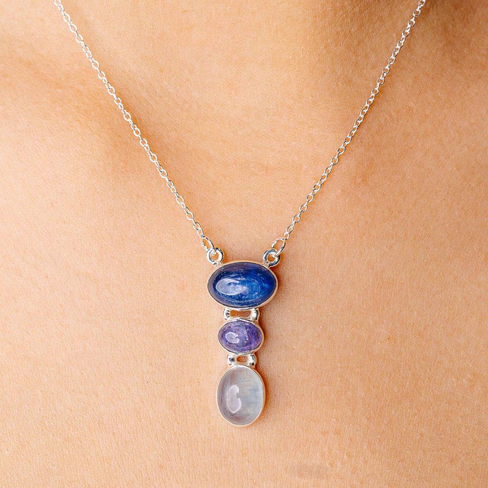 Rainbow Aquamarine, Kyanite, Tanzanite Necklace 16.5" (925 Sterling Silver) N90257