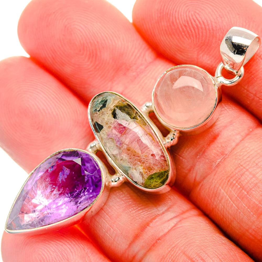 Natural Tourmaline, Amethyst, Rose Quartz Pendant 2 1/4" (925 Sterling Silver) PD38150