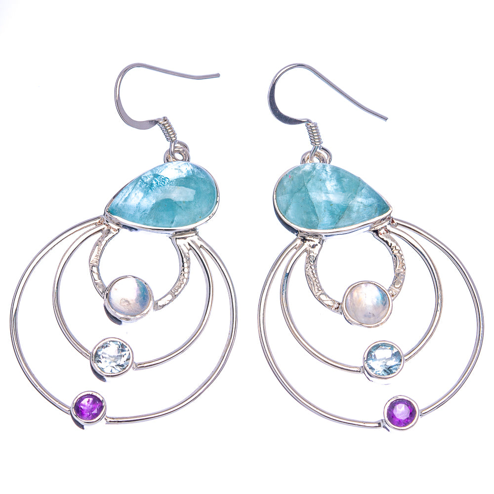 Signature Aquamarine, Rainbow Moonstone,  Blue Topaz, Amethyst Earrings 2 1/4" (.925 Sterling Silver)
