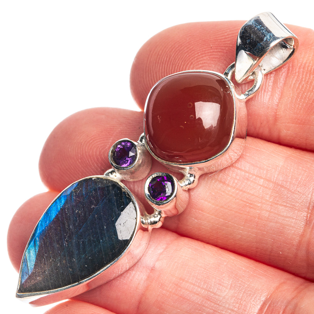 Labradorite, Carnelian, Amethyst Pendant 2" (925 Sterling Silver) P39761