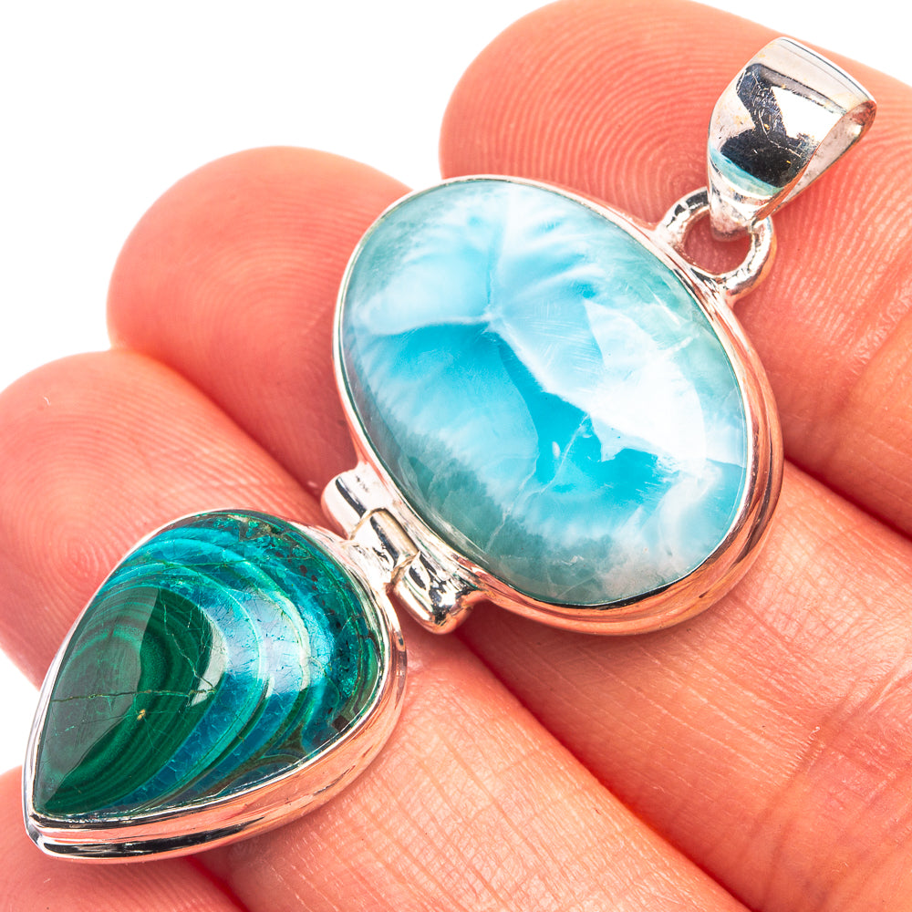 Larimar, Malachite In Chrysocolla Pendant 1 3/4" (925 Sterling Silver) P38920