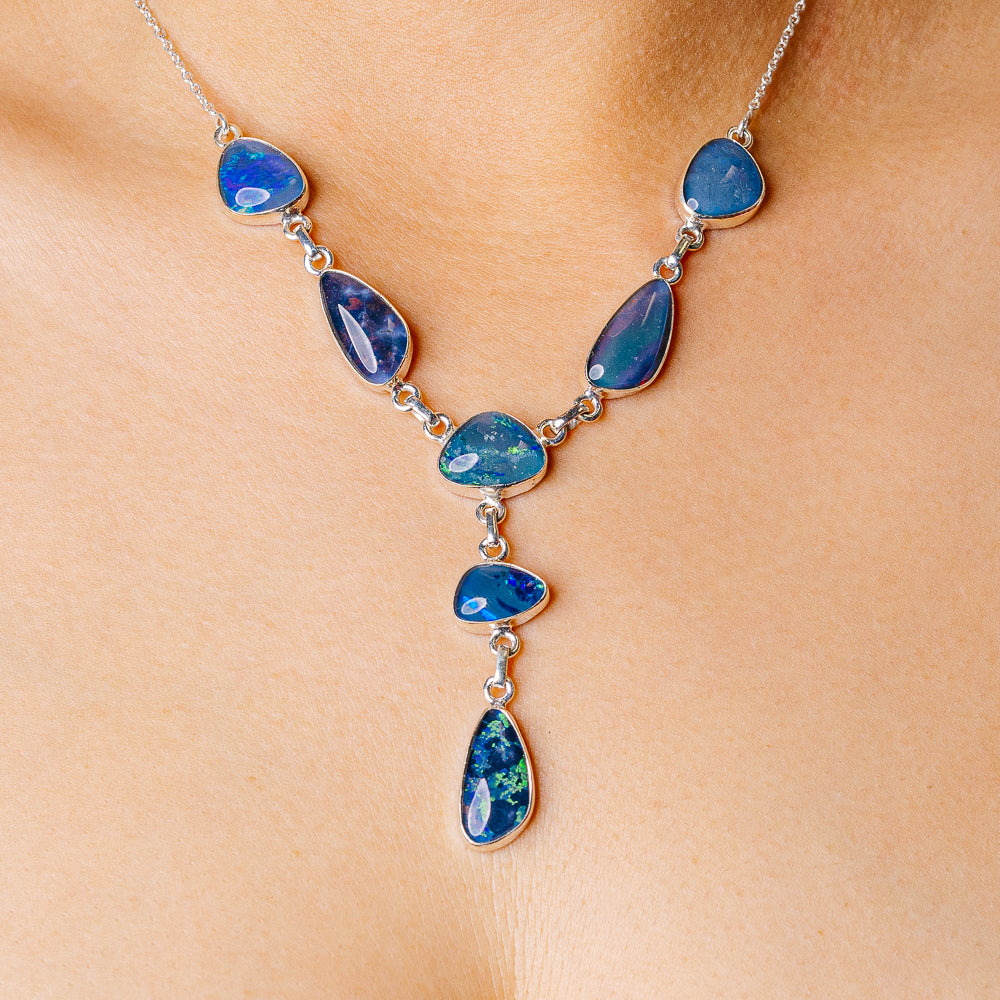 Triplet Opal Necklace 16 7/8 To 18 5/8" (925 Sterling Silver) N90158