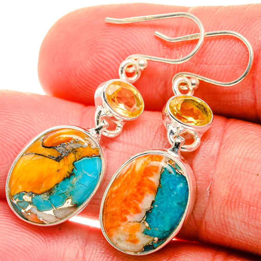 Spiny Oyster Turquoise, Citrine Earrings 1 5/8" (925 Sterling Silver) EARR432033