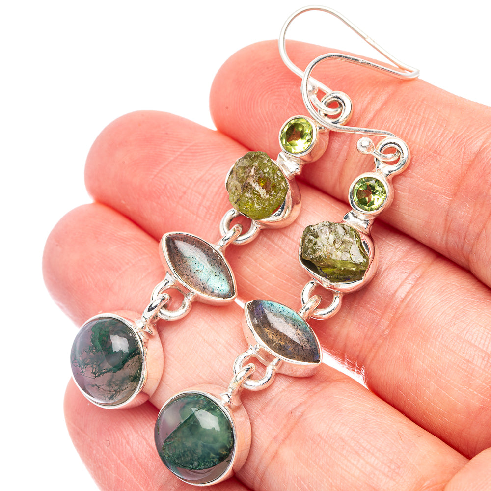 Green Moss Agate, Labradorite, Peridot Earrings 2 1/4" (925 Sterling Silver) E2371