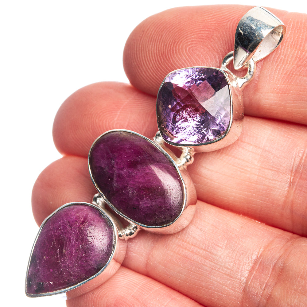 Ruby Zoisite, Amethyst 925 Sterling Silver Pendant 2 1/8"