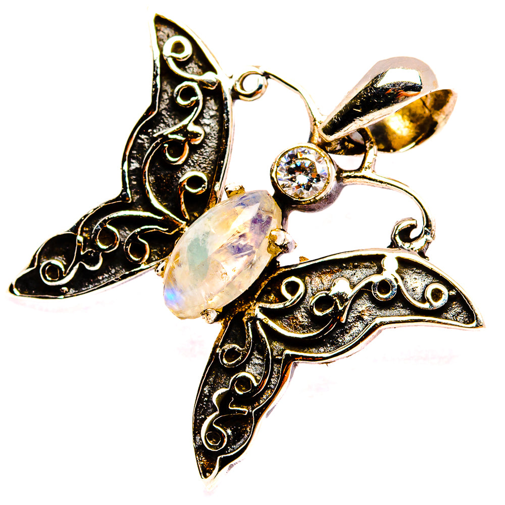 Rainbow Moonstone, White Quartz Butterfly Dainty Pendant 7/8" (925 Sterling Silver) PD37819