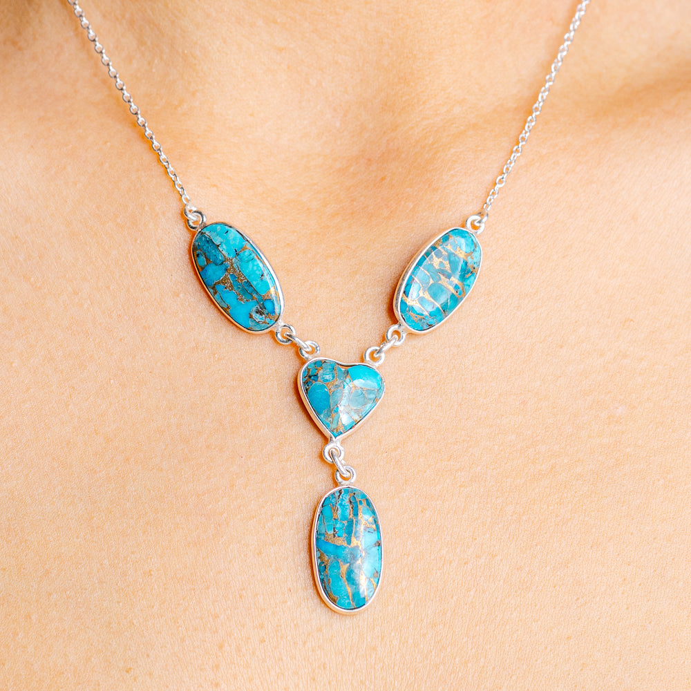 Blue Copper Turquoise Heart Necklace 17 to 19" (.925 Sterling Silver)