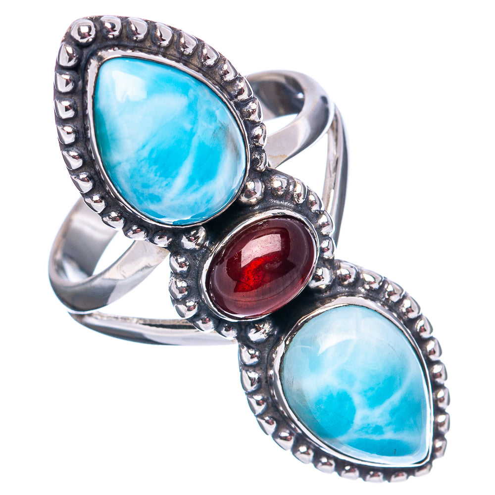 Premium Larimar, Garnet Ring Size 8 (.925 Sterling Silver)