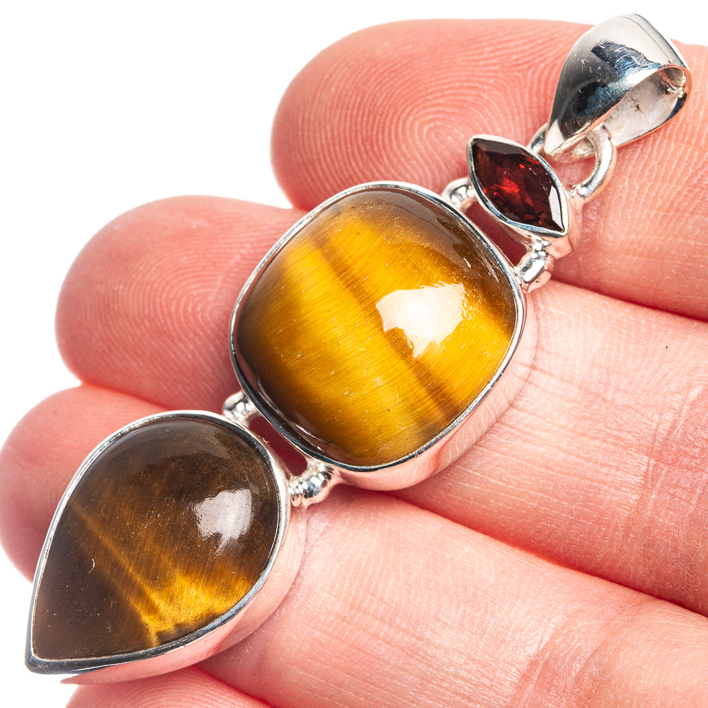 Tiger Eye, Garnet 925 Sterling Silver Pendant 2 1/8"