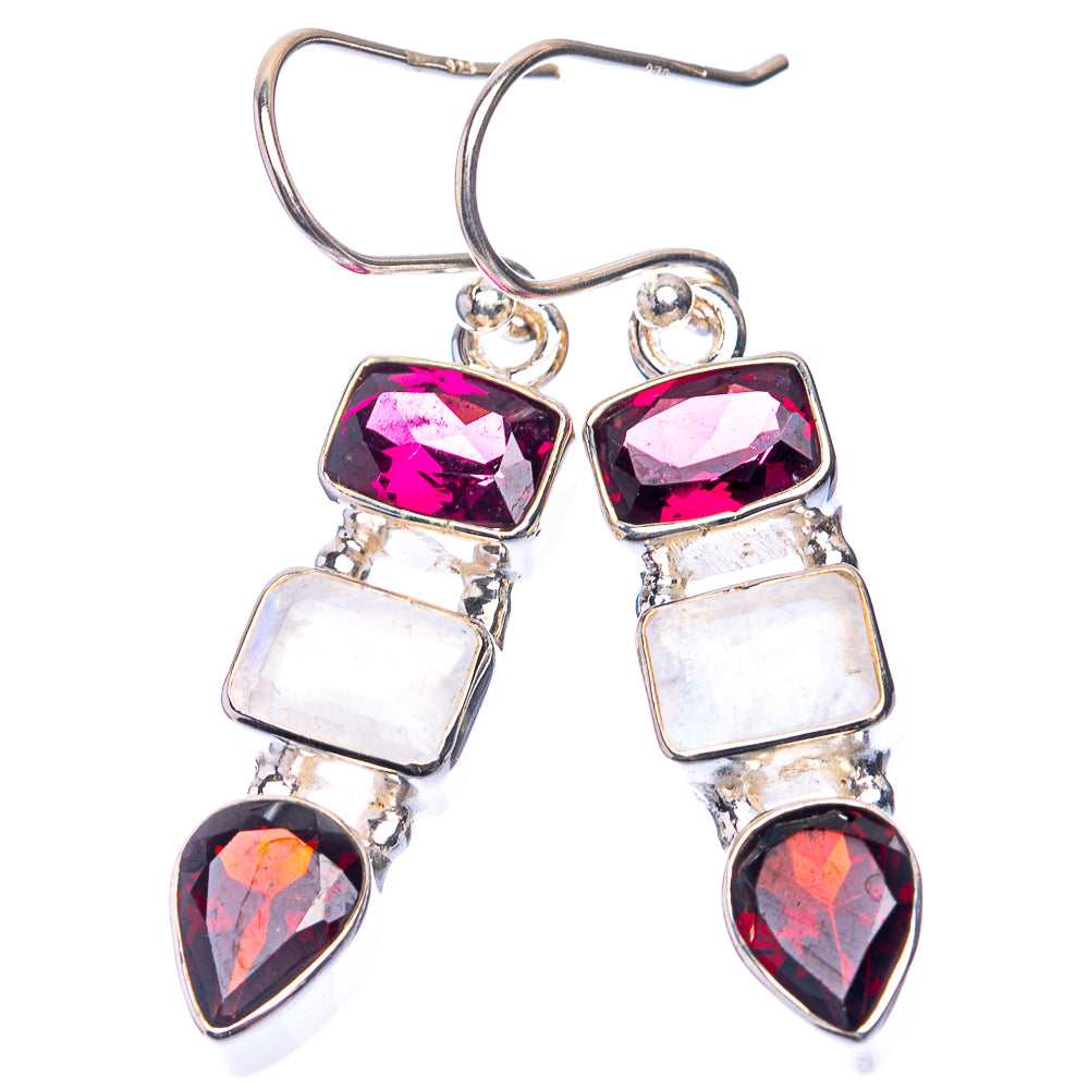 Rainbow Moonstone, Garnet Earrings 1 5/8" (925 Sterling Silver) E432581