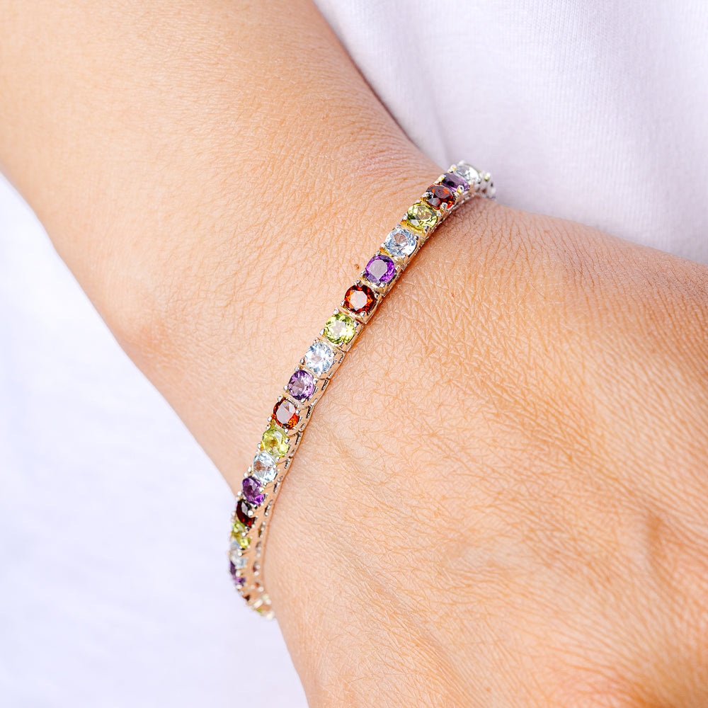 Garnet, Amethyst, Blue Topaz, Peridot Bracelet 7 1/4" (925 Sterling Silver) B90382