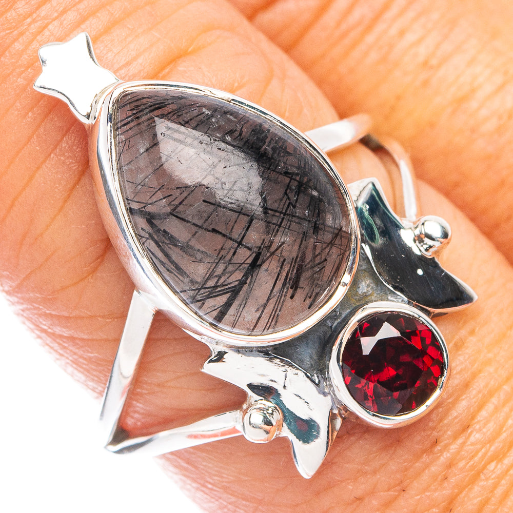 Premium Tourmalinated Quartz, Garnet Ring Size 8 (925 Sterling Silver) R7653