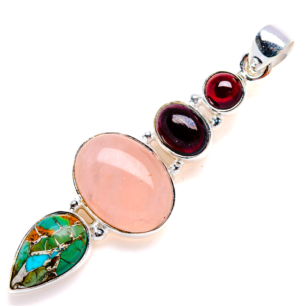 Rose Quartz, Blue Copper Composite Turquoise, Garnet Pendant 2 1/4" (925 Sterling Silver) PD38186