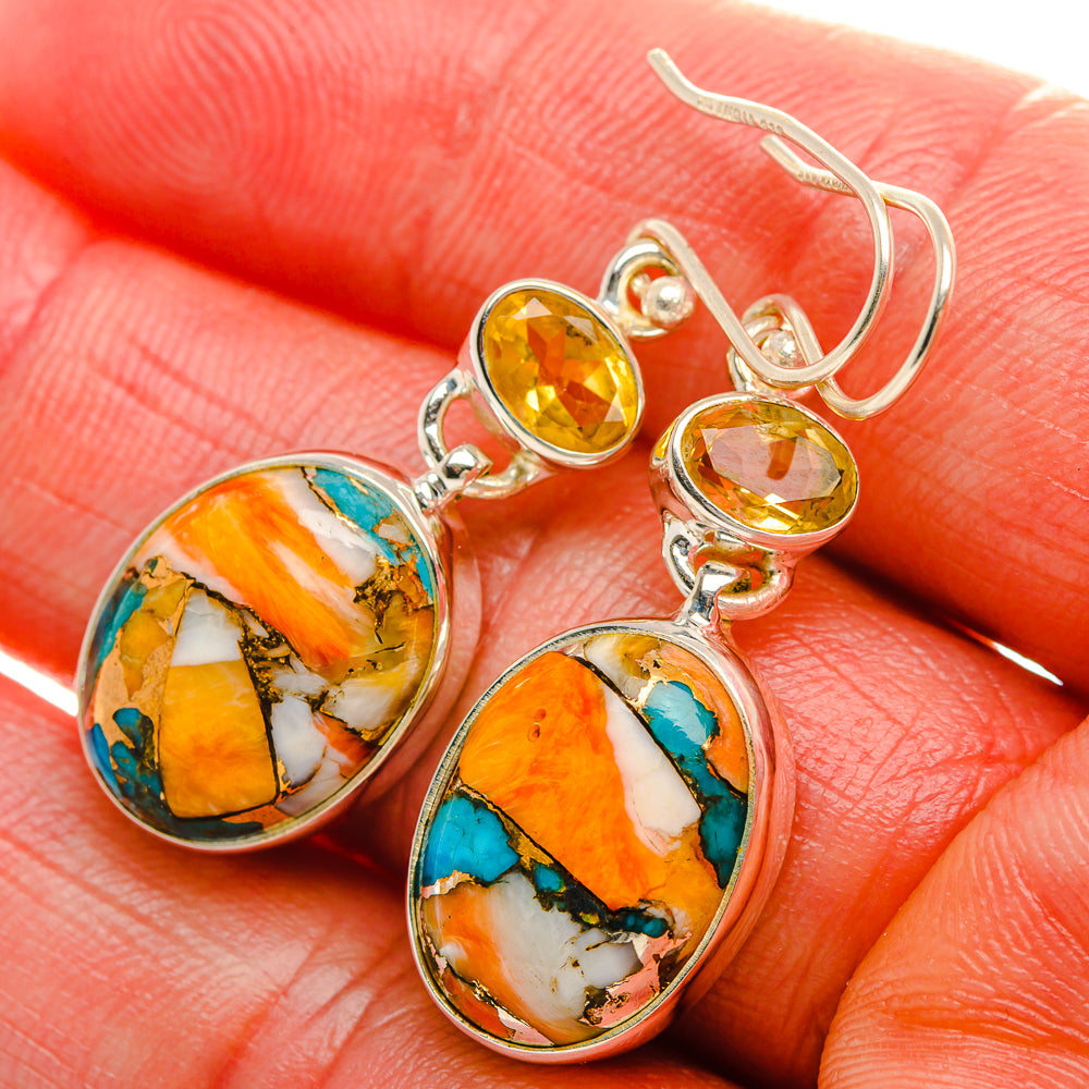 Spiny Oyster Turquoise, Citrine Earrings 1 5/8" (925 Sterling Silver) EARR431994